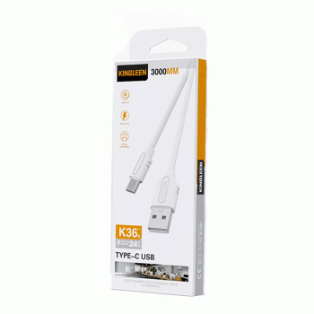KINGLEEN K36S Καλώδιο Φόρτισης και Μεταφοράς Δεδομένων 3M / Charging And DATA CABLE USB ΣΕ Type-C 2.4A - Χρώμα: Λευκό