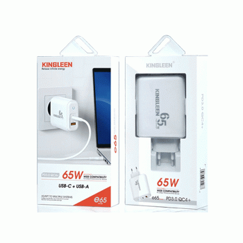 KINGLEEN E65 Φορτιστής Με Καλώδιο PD 65W Mobile Charger 1 Θύρα USB-A Και 1 Θύρα TYPE C - Χρώμα: Λευκό